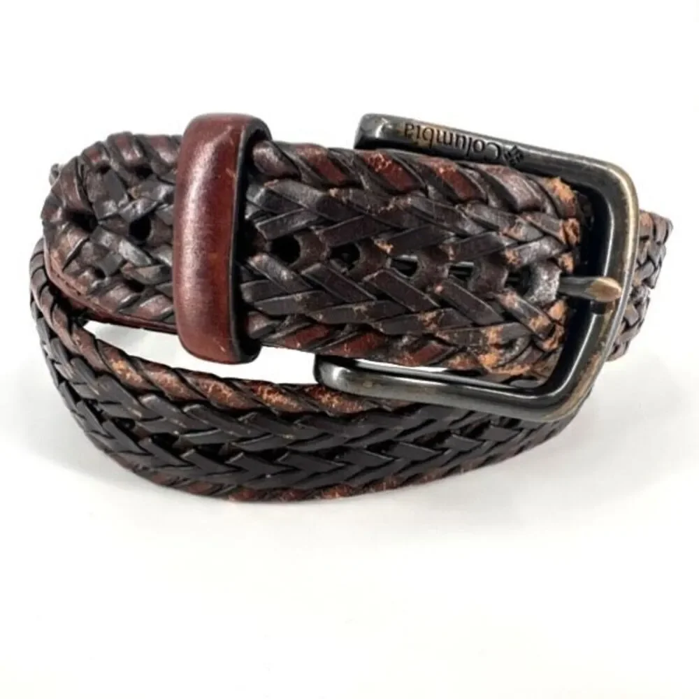 Vintage Columbia Men's Two-Tone Leather Trim Woven Braided Belt Brown Size Small